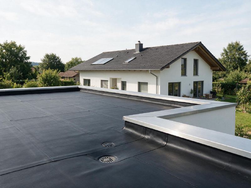 Flachdach mit dunkler EPDM-Abdichtung, Attika-Abdeckung und Dachabläufen (Symbolbild)